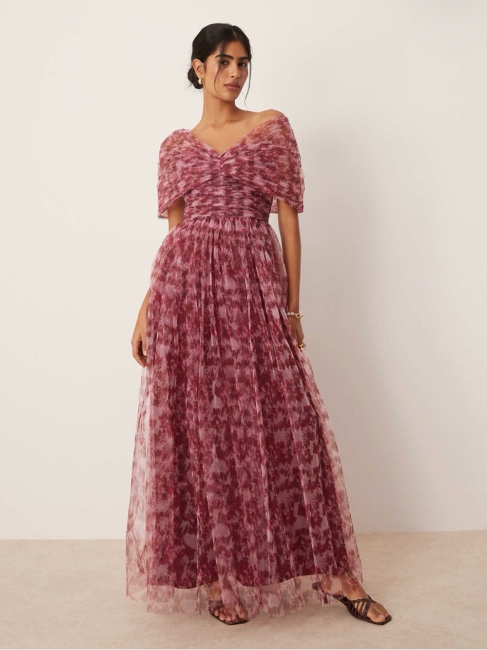 Off-Shoulder Maxi Dress in Berry Floral